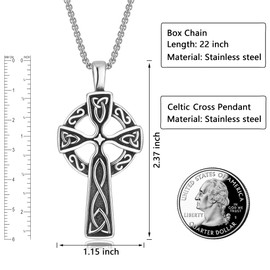 HEXALOVA Celtic Cross Necklace for Men, Stainless Steel Cross Necklace, Goth Cross Necklace, Cross Chain for Men, Silver Cross Pendant, Celtic Knot Necklace, Irish Jewelry (2)