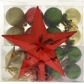 WeRChristmas Shatterproof Baubles with Tree Topper and Garland - 42-Piece, Red/Gold/Green