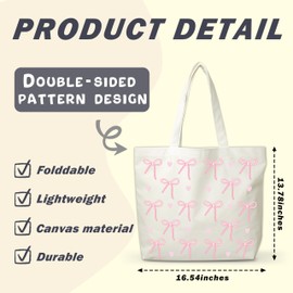 Coquette Pink Bow Canvas Tote Bag, Funny Gifts For Women, Reusable Grocery Folding Shopping Tote, Aesthetic Shoulder Bag, Thanksgiving Christmas Gifts For Friends Colleagues -A28