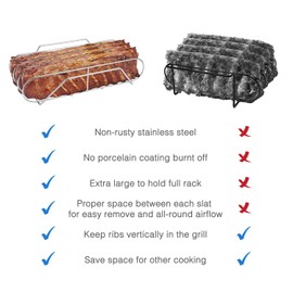 Extra Long Stainless Steel Rib Rack for Smoking and Grilling, Holds up to 3 Full Racks of Ribs, Fits 18” or Larger Gas Smoker or Charcoal Grill, Perfect Smoker Accessories Gifts for Men