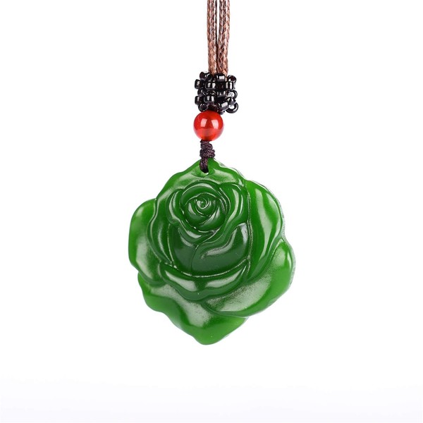 yigedan Natural Green Jade Rose Leather Rope Pendant Necklace, Leather,