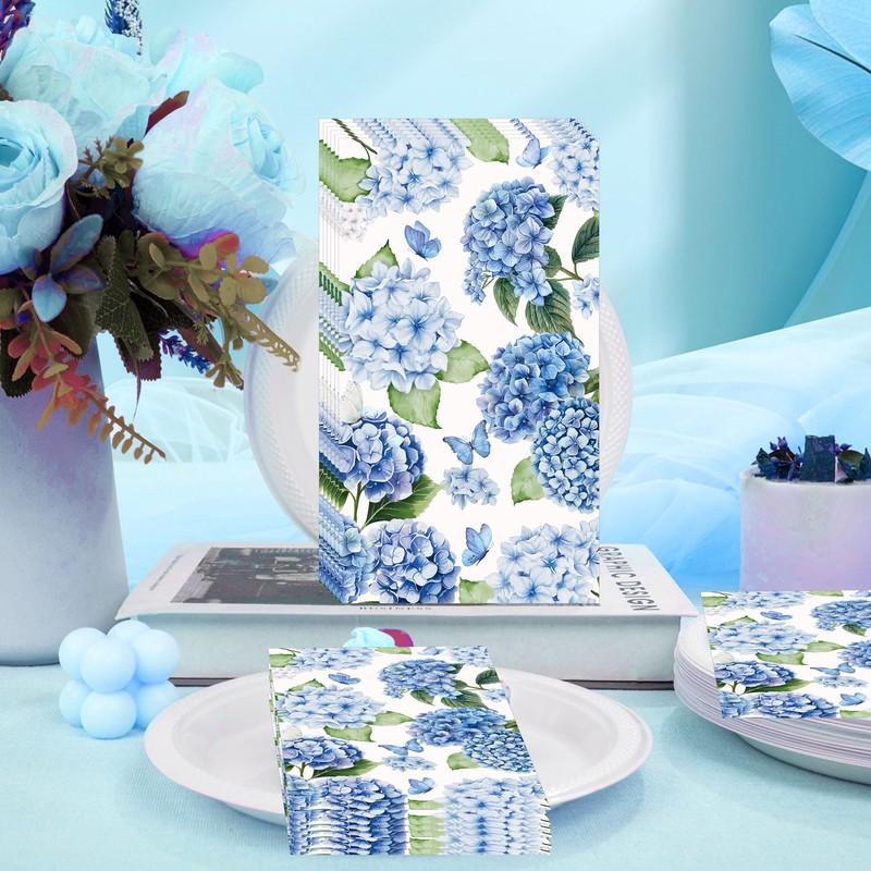 100 Pcs Hydrangea Floral Napkins, Happy Spring Disposable Paper Napkins,