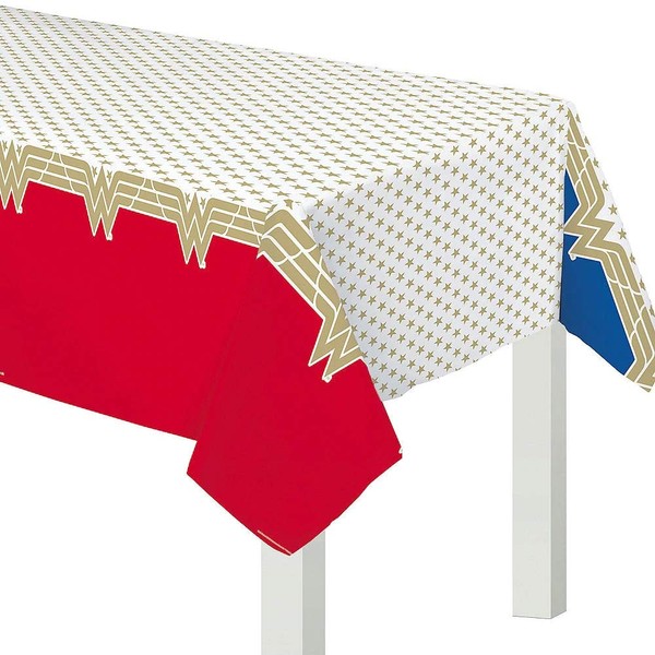 "Wonder Woman Classic" Red and Gold Plastic Party Table, Cover 54" x 96"