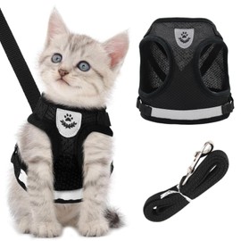 Kitten Harness and Lead Set,Escape Proof Kitten Harness with Cat Leash,Adjustable Soft Reflective Mesh Vest Harnesses and Lead for Small Medium Cats Pets(Black)