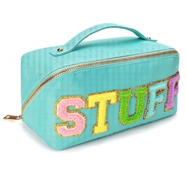 Large Nylon Make Up Bag Chenille Letter Patch Preppy Makeup Bag Large Capacity Travel Cosmetic Bag Flat Stuff Make Up Bag Organizer with Handle Portable Beauty Toiletry Bags (Green)