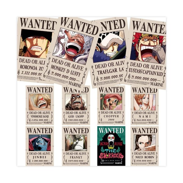 12PCS Anime one piece Poster 7.8X11.2 inch New Bounty Wanted Edition Straw Hat Pirates Nika Luffy 3 billion Zoro Sanji Fifth Gear Luffy, Kidd, Law, Wall Collage Kits