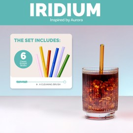 Simply Straws 6 Inch Glass Straws Straight (6-Pack) – Reusable Glass Straws for Low Balls & Stemless Glasses, with Cleaning Brush – Dishwasher Safe, Hot & Cold Use, BPA-Free (Iridium)