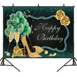 Bellimas Happy Birthday Backdrop Green and Black Women Birthday Party Banner High Heels Champagne Gold Rose Background Birthday Prom Party Supplies