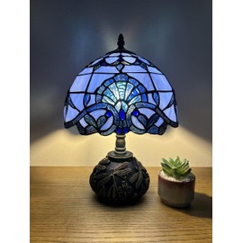 enjoy decor lamps Tiffany Table Lamp Blue Stained Glass Baroque Style Lavender LED Bulb Included Dragonfly Base for Living Room Bedroom Bedside 10" W*14" H
