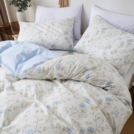 Nayoroom Bed Linen Cotton Blue Flowers 135 x 200 cm White Blue Floral Reversible Bed Linen Set Romantic Botanical Pattern Duvet Cover and Pillowcase 80 x 80 cm with Zip