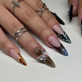 Long Press on Nails French Tip Fake Nails Stiletto False Nails Ombre with Rhinestone Butterfly Design Glue on Nails Glossy Acrylic Artificial Nail for Women 24 Pcs
