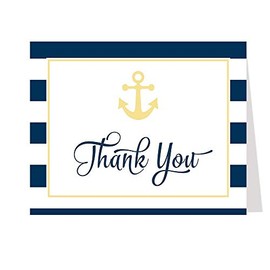 Nautical Thank You Cards Bridal Shower Wedding Anchored In Love Navy Blue Yellow Stripes Sea Sailing Sailor Thanks Stationary (24 count)