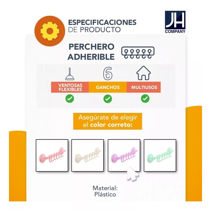 J.H. Company Perchero Adherible Multiusos Baño O Cocina 6 Ganchos