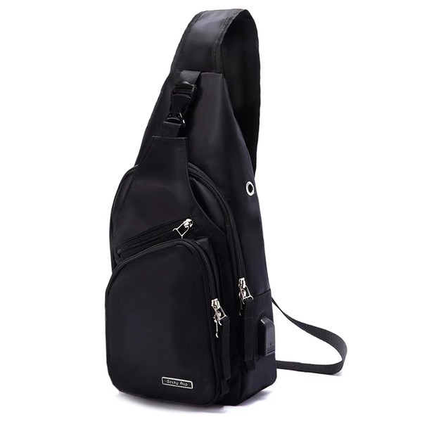 Seoky Rop Men Women Sling Backpack Nylon Water Resistant Shoulder Chest Crossbody Sling Bag with USB Charging Port Black