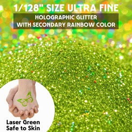 140g/5oz Holographic Ultra Fine Glitter, 1/128" Laser Green Cosmetic Glitter, Safe for Hair Face Body Nail & Festival Makeup, Iridescent Glitters for Resin Tumblers Art Crafts