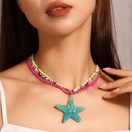 Rrdaily Starfish Fringe Necklace,Boho Layered Starfish Pendant Choker White Velvet Necklace Summer Beach Necklaces Jewelry for Women (Blue1)