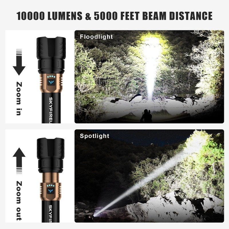 SKYFIRE LED Flashlights High Lumens,10000mAh Super Bright Rechargeable Flashlight,Zoomable,Four Modes,Waterproof