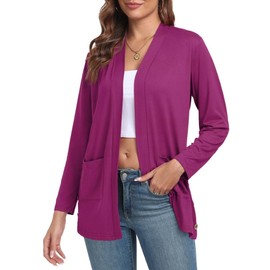 PrinStory Cardigans For Women Lightweight Ladies Cardigans With Pockets Long Sleeve Elegant Open Front Outerwear UK 14-16 (Purple Red, L)