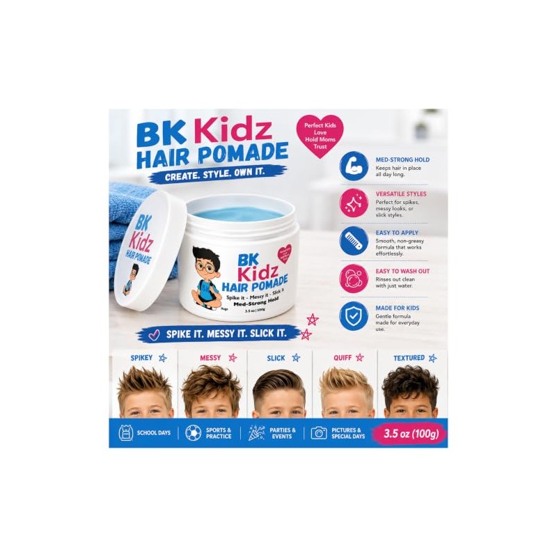 Pomada para el cabello BK Kidz, fijación fuerte, 3,5 oz