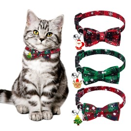 DIYDEC 3 Pack Christmas Plaid Cat Collars, Breakaway Cat Collars with Bow Tie Bells Xmas Adjustable Plaid Snowflake Collar Safety Quick Release for Puppy Kitten Supplies