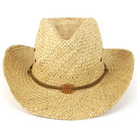 Straw cowboy hat with leather band detail and three horses badge. Natural