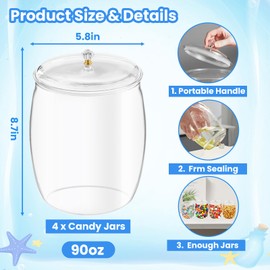 4 Piece Candy Jars with Lids, 90oz Plastic Candy Jars Bulk Airtight Cookie Jars Cnady Containers, Wide Mouth Stury Clear Candy Jars for Candy Buffet Home Party Table