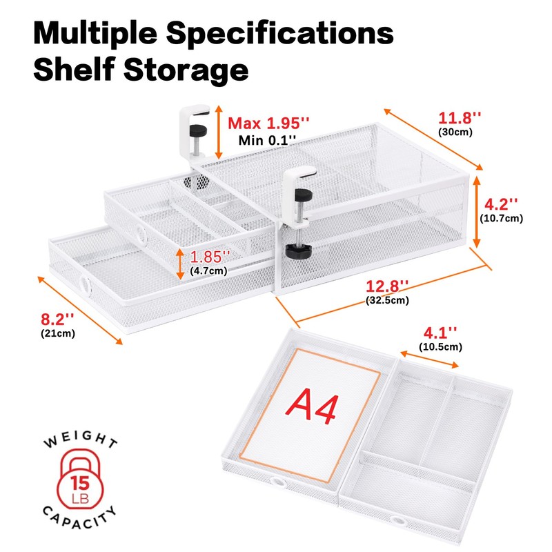 Euyona 2-Tier Clamp-On Mesh Organizer, Under Desk Storage with Slide-Out