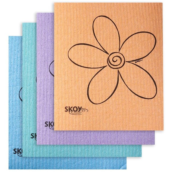 Skoy Cloth - 4 Pack - Eco-Friendly Swedish Dishcloth - Assorted Colors (pink, blue, yellow, orange, gray, purple, apple green and teal)
