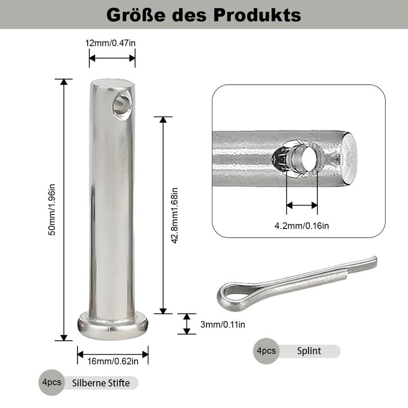 Pack of 4 Clevis Pins, Locking Bolts, Pin Pins, Stainless