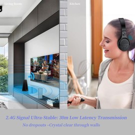 Wireless TV Headphones for Seniors with Large Buttons, 15H Playtime & 0 Delay, 2.4GHz RF Transmitter Charging Dock, Bluetooth Over-Ear Headset, Fits Most TVs, Digital Optical(TOSLINK)/RCA/3.5mm Output