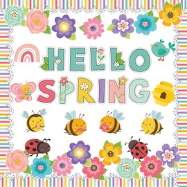 Pasimy Hello Spring Bulletin Board Decorations Spring Classroom Decoration Springtime Flower Bulletin Boards Floral Butterfly Bee Paper Cutouts for School Home Office Door Wall Window Easter Party