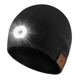 Mood Pie Bluetooth Beanie with Light,USB Rechargeable LED Headlamp Hat Beanie,Musical Knit Hat with Headphones and Built-in Speaker Mic,Gifts for Men Women Teen Black
