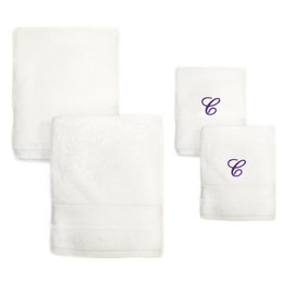 Super Soft Thick Embroidered White Turkish Cotton Bath Towel Set of 2 with Monogrammed Purple Script C | Looped Terry Cloth Finish Extra Absorbent Quick Dry Luxury Kitchen Spa Bath Hand Towel