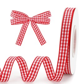 Red and White Gingham Ribbon, 3/8" x 50 Yd Roll Picnic Craft Red Buffalo Ribbon for Crafts Hair Accessories and Christmas Birthday Gift Wrapping