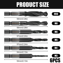 6-Piece Tap Set, Combi Drill Bit with M3 x 0.5 M4 x 0.7 M5 x 0.8 M6 x 1.0 M8 x 1.25 M10 x 1.5 Sizes, High Speed Steel Tap Set, Titanium Coating, 6 mm Hex Shank for Metal and Wood