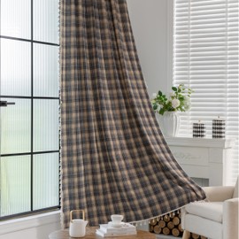 Erbnaryx Plaid Curtain 59W x 72L Inches,2 Panel Light Filtering Privacy Rod Pocket, Vintage Handmade Tassels Country Decor Drapery.Drape Textured Tartan Curtain for Living Room Bedroom (Coffee)