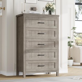 Jocoevol Elegant Farmhouse 5 Drawer Dresser for Bedroom - Tall Chest of Dresser with Spacious Storage, Solid Wood Construction for Living Room, Hallway & Entryway - White & Brown