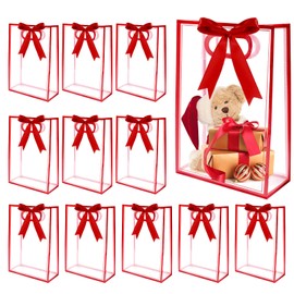 Sel Natural 12 Pcs Clear Gift Bags with Handles 7.1"x10.2"x3.2" Plastic Party Favor Bag with Ribbon Reusable Goodie Bags Transparent Gift Wrap Bag Bulks for Christmas Bridal Wedding Birthday (Red)