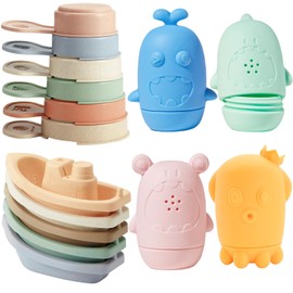 AMCHSURI AMCHSURI Bath Toys for Kids Ages 1-3, 15 PCS Mold Free Toddler Bath Toys for 2-4 Bathtub Water Table Pool Toys with Stackable Boats and Spoons and Silicone Bath Toy for Babies 6-12 Months, Baby Gifts