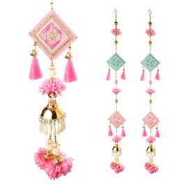 Set of 2 Decorative MDF Wooden and Artificial Flower Golden Beads Moti and Tessels Door Side Hangings for Main Door Entrance Bedroom Wedding Decor Festival Decoration (Size 36 x 4) (Pink, Green)