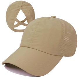HGGE Womens Criss Cross Ponytail Baseball Cap Adjustable High Messy Bun Ponycap Trucker Hats Quick Drying Mesh Dad Hat for Outdoor Sports Travel Camel