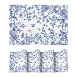 Artoid Mode Hydrangea Flowers Branches Chinoiserie Vinyl Placemats Set of 4, Wipeable Colorful Printing PVC Table Mats for Party Kitchen Dining Decor, 12x18 Inch