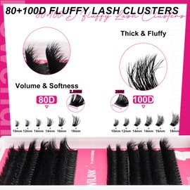 WiWiLINK Lash Clusters Kit Volume Lashes Clusters 80D 100D Lash Extension Kit Wispy Cluster Eyelash Extensions Kit 10-18mm D-Curly DIY Individual Cluster Lashes Kit with Lash Bond and Seal Tweezers