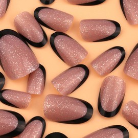 Lifextol French Tip Press on Nails Short Almond Fake Nails Press ons with Adhesive Tabs, 24pc Stick on Nails Press ons for Women and Girls, Black and Pink with Glitter Nails