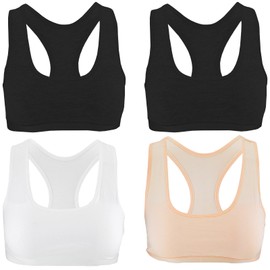 Xinjieda 4 Pack Sports Bra, Cotton Girls Bras Crop Tops for Girls, Non Padded Training Bras Teen Bra Clothes for Kids Age 6-12 (Black White Beige