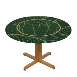 Yilad Golden Emerald Wave Green Leave Round Fitted Tablecloth with Elastic Edge Design Table Cover Waterproof Oil-Proof PVC Table Cloth Stain-Resistant Wipeable for Round Table