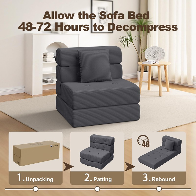 Folding Sofa Bed, One-Piece High-Density Foam Sleeper Chair, Grey, Single