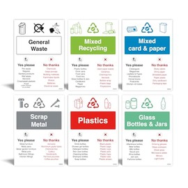 Bundle of 6 WRAP Recycling Bin Signs - premium LAMINATED Waterproof Indoor/Outdoor Vinyl Stickers - Wheelie Bin and Waste Containers Signs - Recycling Signs with symbols