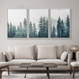 SIGNWIN Framed Canvas Print Wall Art Woodland Nursery Decor Set Film Grain Misty Mountain Pine Trees Nature Wilderness Modern Art Chic Landscape for Living Room, Bedroom, Office - 24"x36"x3 White