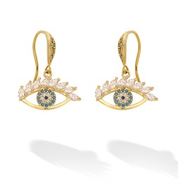 M.DUN - arete de ojo malvado para mujer con símbolo de protección - Gancho de pez con circonita cúbica chapada en oro de 14 quilates, Latón con chapado en oro amarillo de 14 quilates, Circonia cúbica